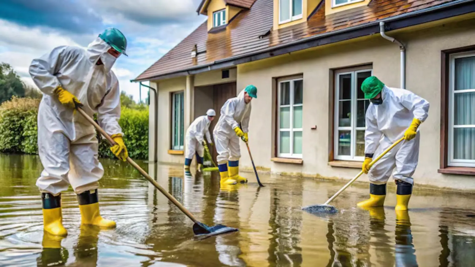 Crew in white protective suits and yellow boots clearing floodwater outside a house