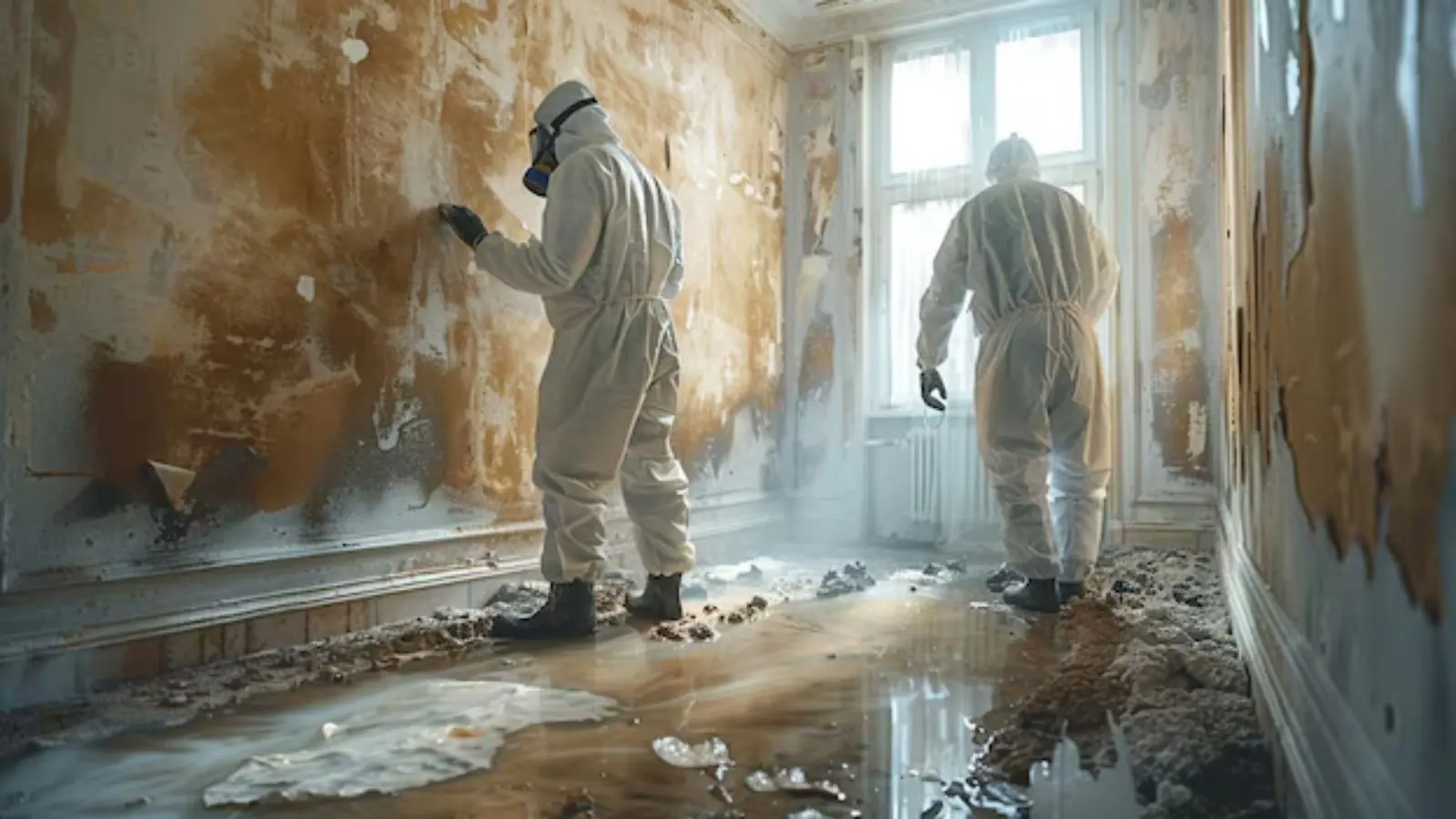 Technician in a protective suit and respirator working in a room with mold on the walls