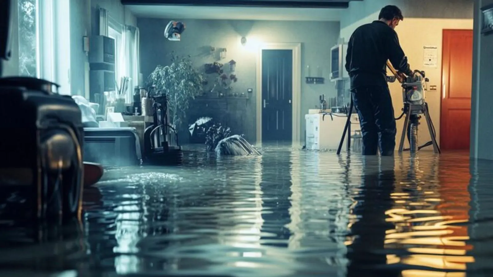 Technician with monitoring equipment standing in a water-damaged room during mitigation